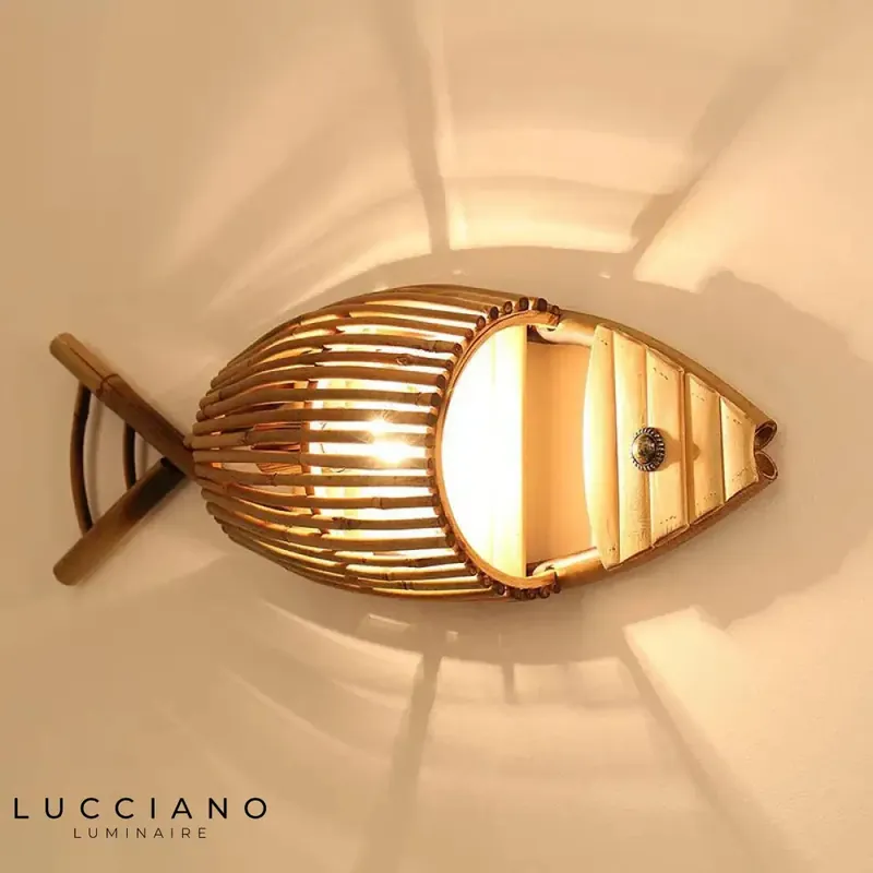 Chic artisanal wooden fish decorative wall light