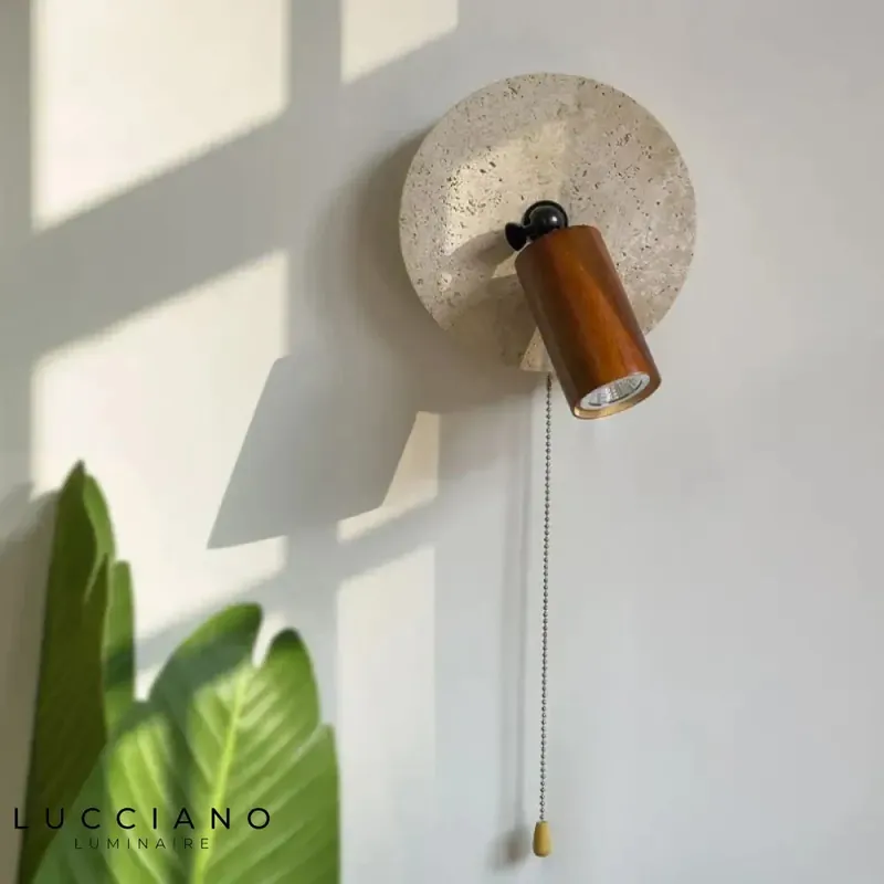 Wood and natural stone wall light with switch for reading