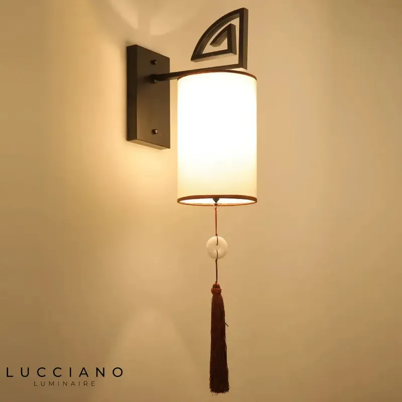Black designer LED wall light elegant artisanal Chinese fabric
