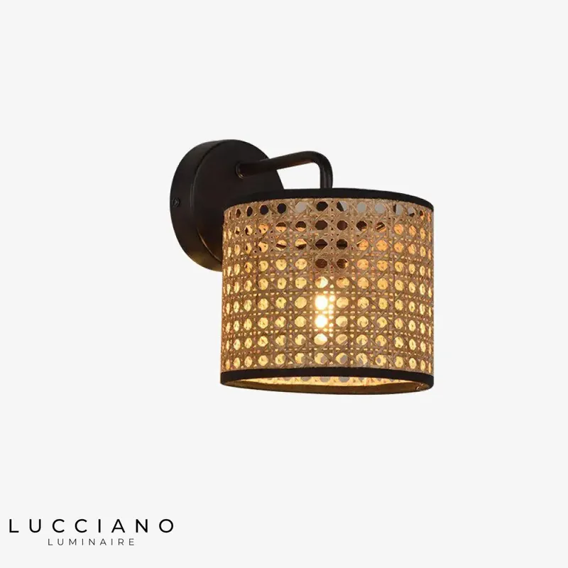 Designer LED wall light with round woven shade