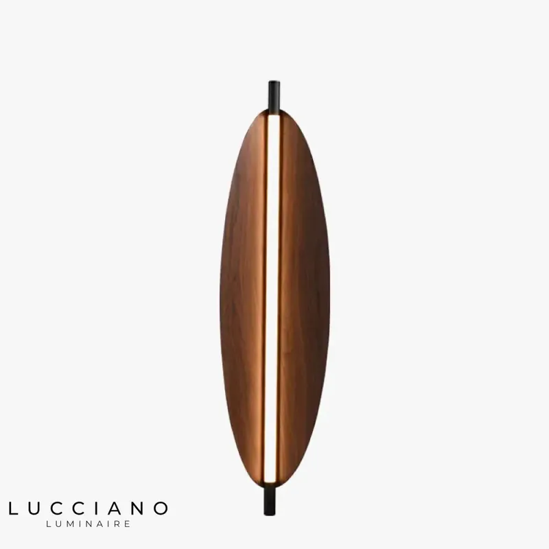 Sleek LED wall light in natural raw wood.