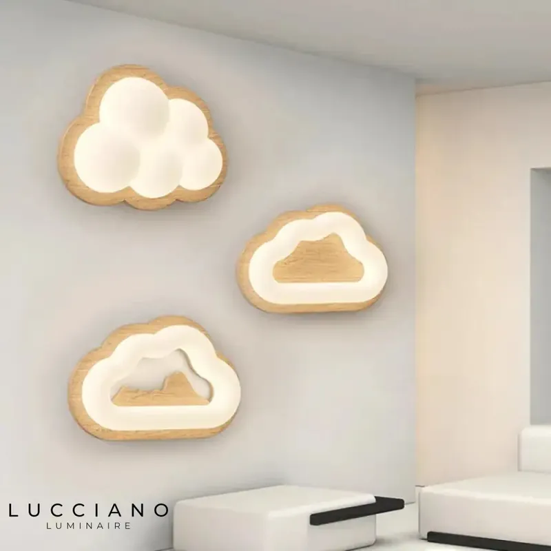 Cloud wooden wall light soft childish decor.