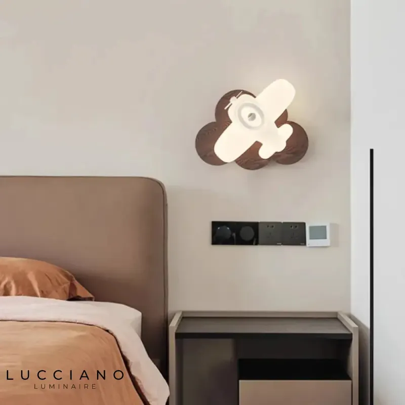 Vintage Wooden Helicopter Wall Lamp for Bedroom