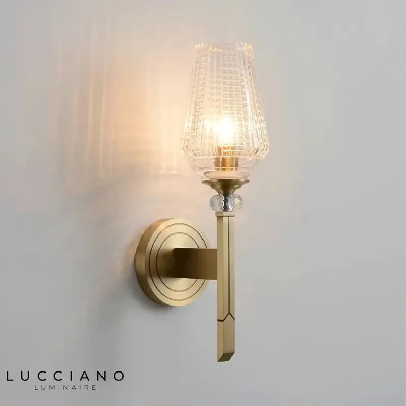 Copper crystal wall light, luminous elegance.