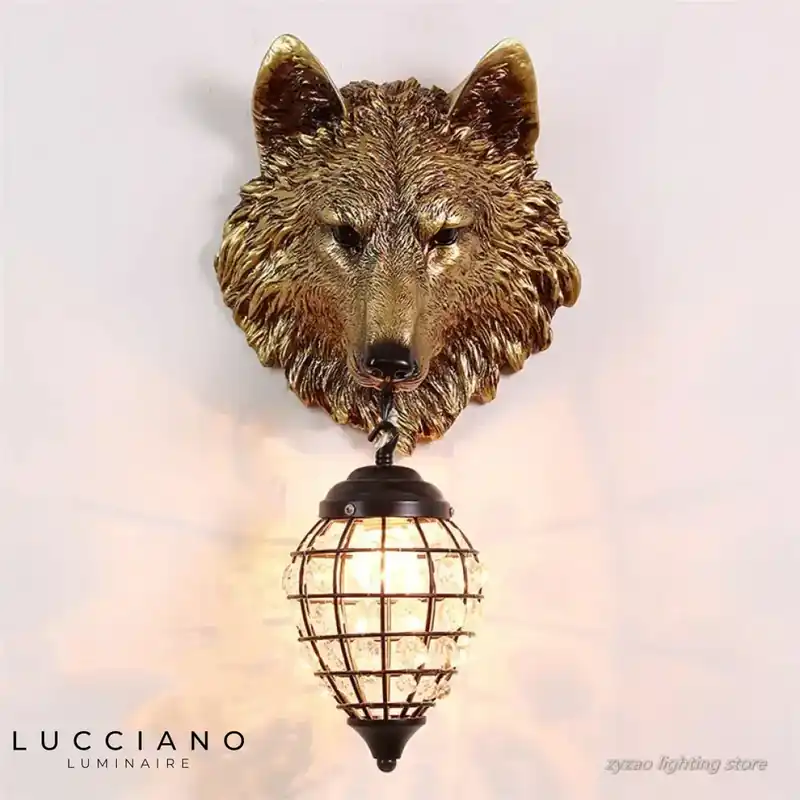 Wolf resin wall lamp rustic chic decor.