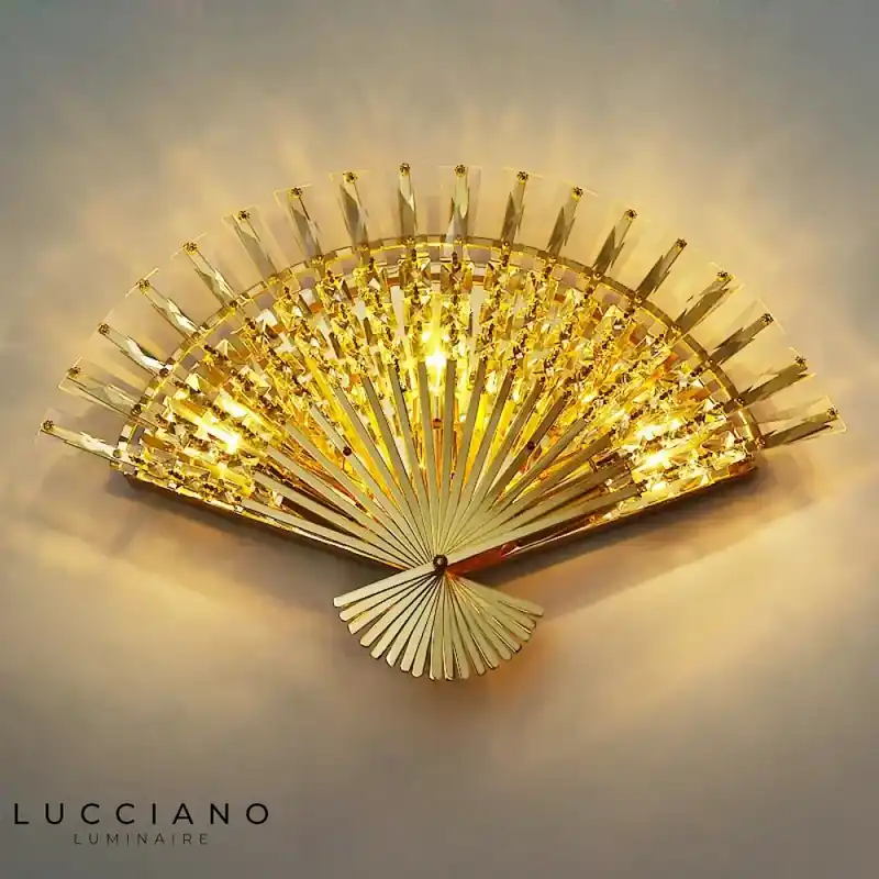 crystal wall light, luminous fan design, stainless steel.