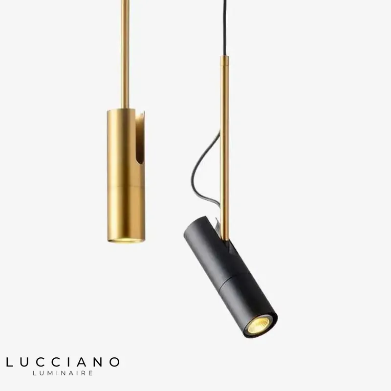Adjustable gold spotlight with rod.