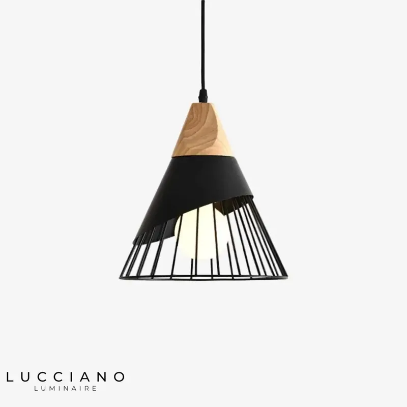 Colored cage and wood LED pendant light