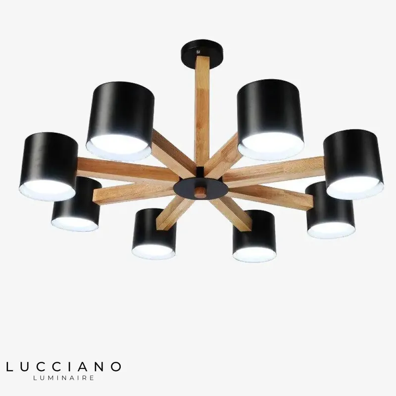 Wooden ceiling light with colored spotlights.