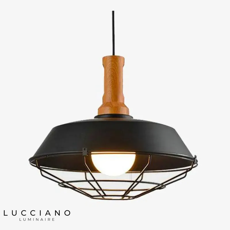 Wood, metal, and cage pendant light