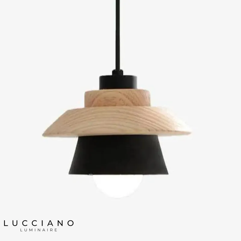 Conical wood and metal design pendant light