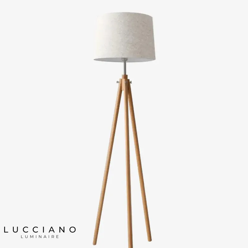 Tripod wooden floor lamp with fabric shade