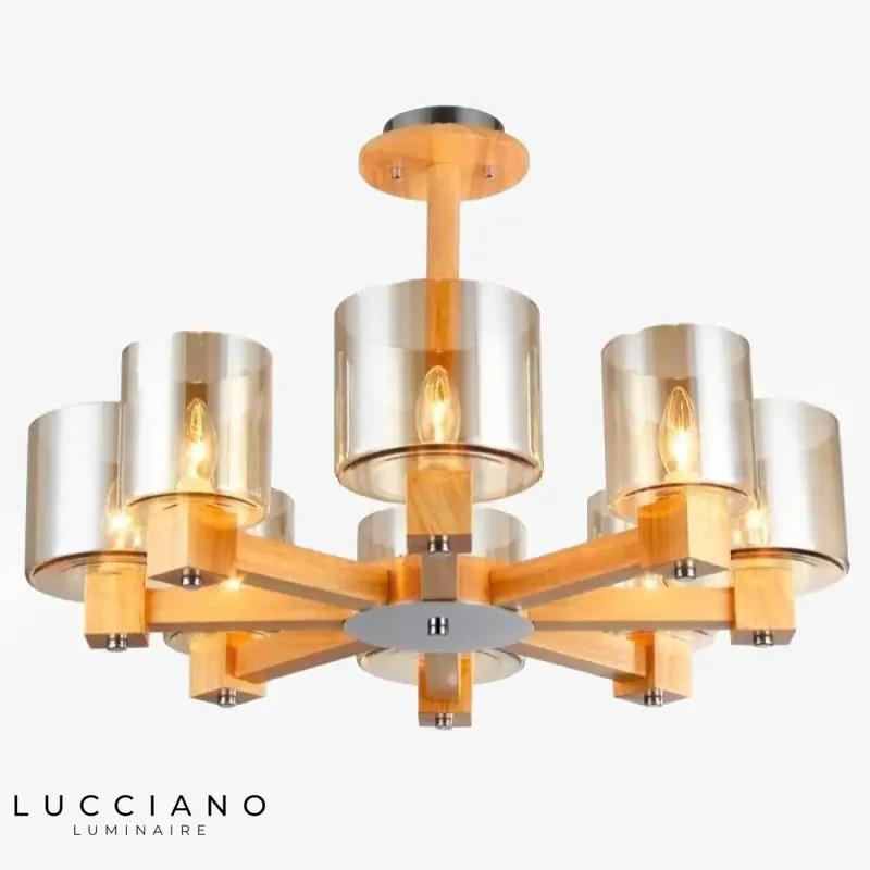 Designer wooden chandelier with glass