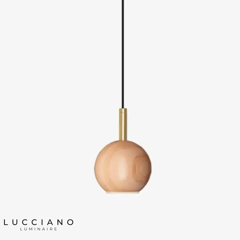 Suspension with rounded wooden lampshade