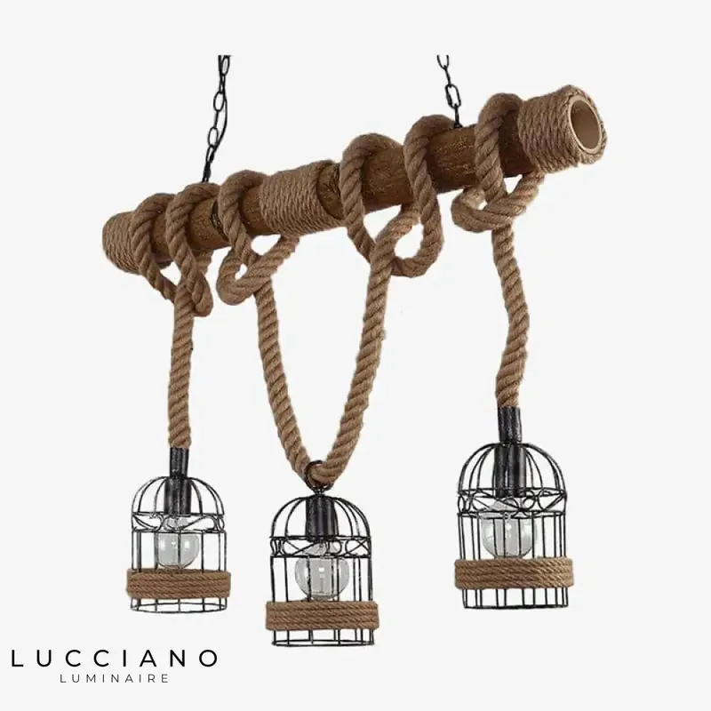 Rustic wood and metal LED pendant light.