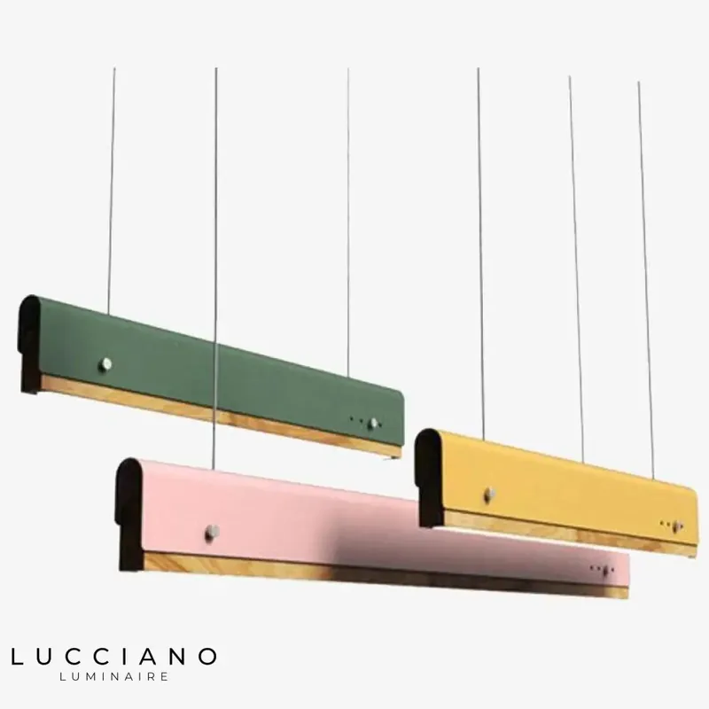 Wooden and colored metal LED pendant light