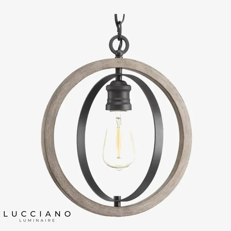 Black Metal Wood Circle LED Pendant Light