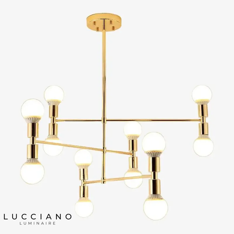 Gold designer chandelier with spheres.
