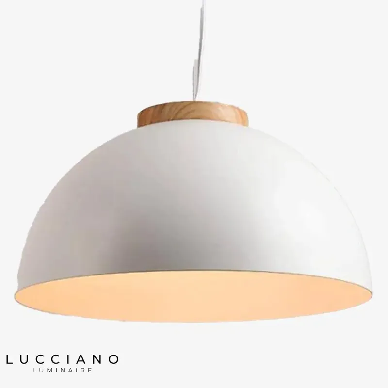 White Metal Wood Bowl Pendant Light