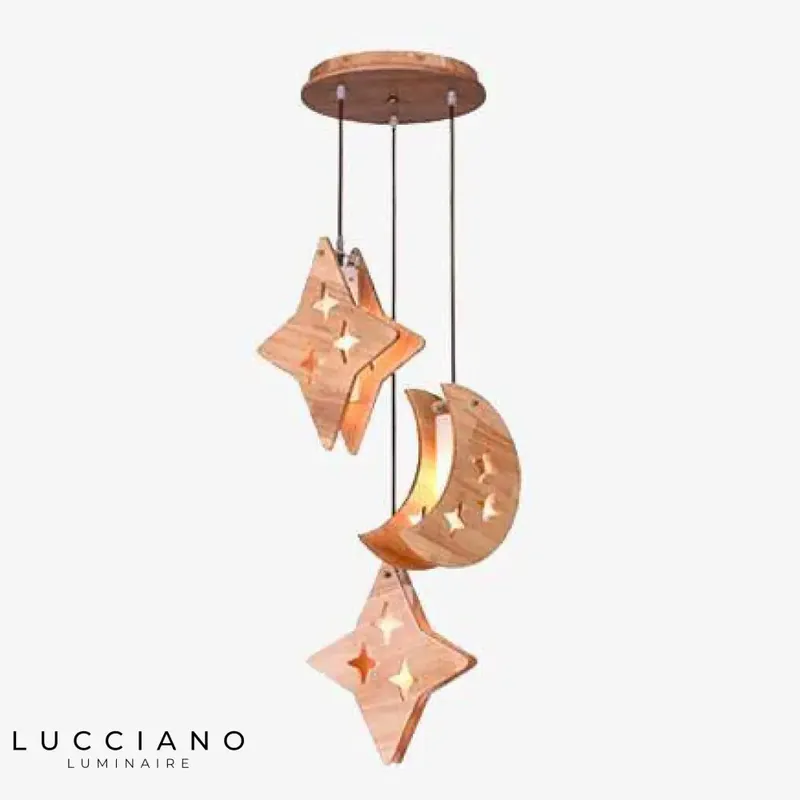 Wooden LED suspension light with stars and moons