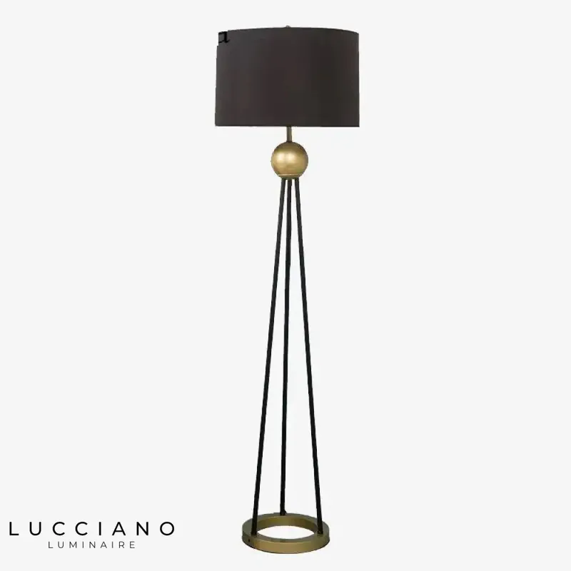 Tripod LED floor lamp, gold ball, fabric