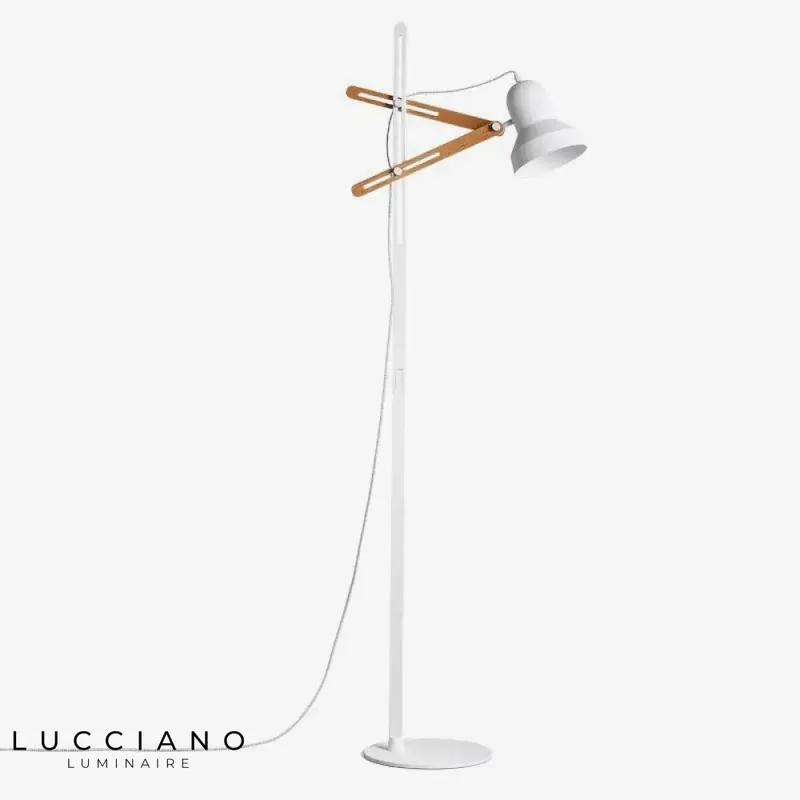 Adjustable designer floor lamp with wooden pins