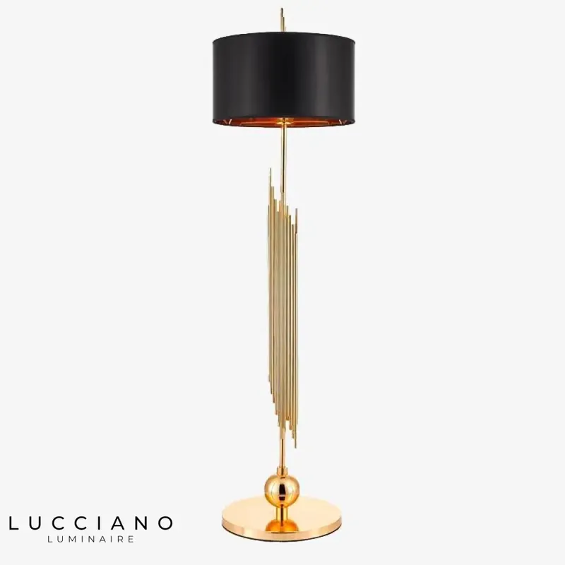 Gold floor lamp with round black shade