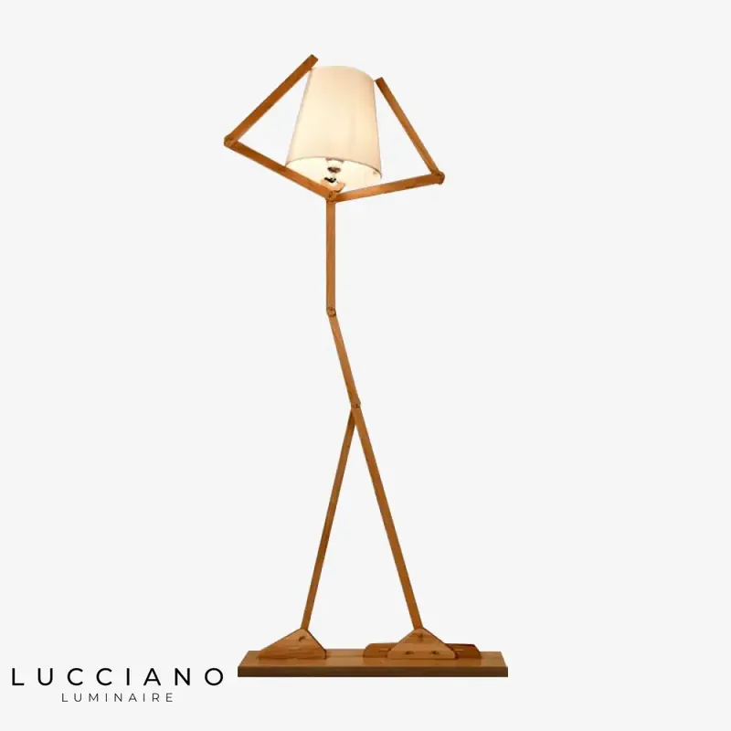 Man in wood floor lamp with fabric lampshade