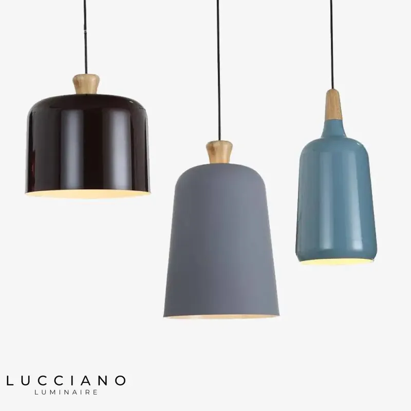 Designer aluminum and wood pendant lights