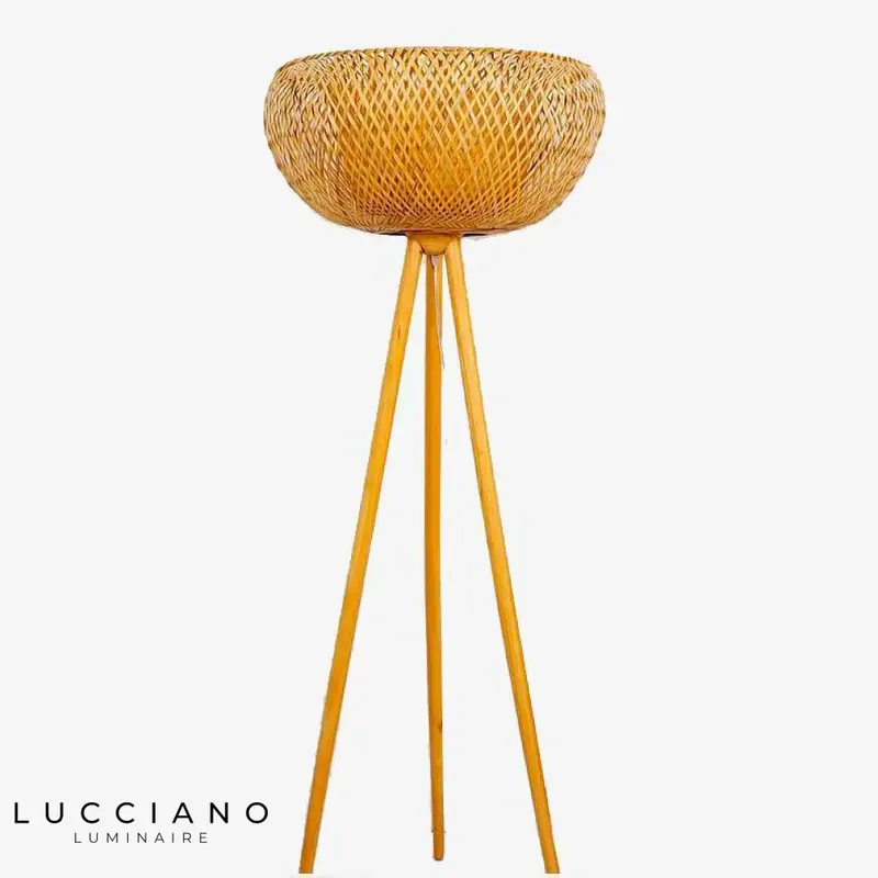 Tripod floor lamp with bamboo shade
