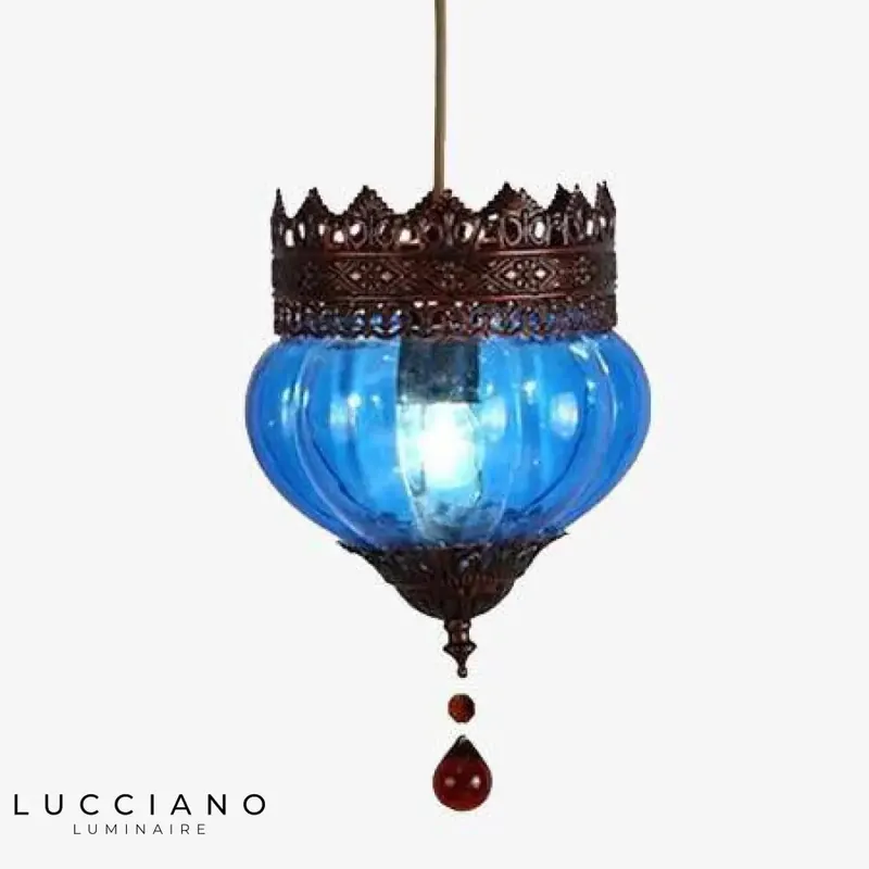 Rustic LED chandelier, glass and metal.