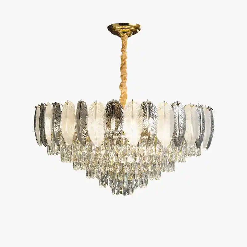 Art Deco LED pendant chandelier with white and grey feathers and crystal