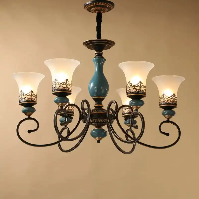 vintage ceramic chandelier, classic antique design with glass shade