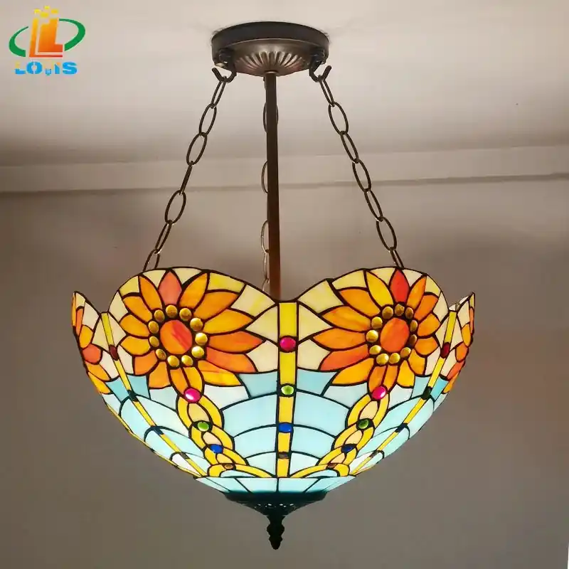 Tiffany-style inverted antique glass chandelier for interior decoration