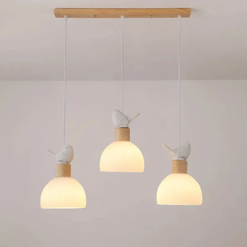 Wooden LED pendant light with white glass shade