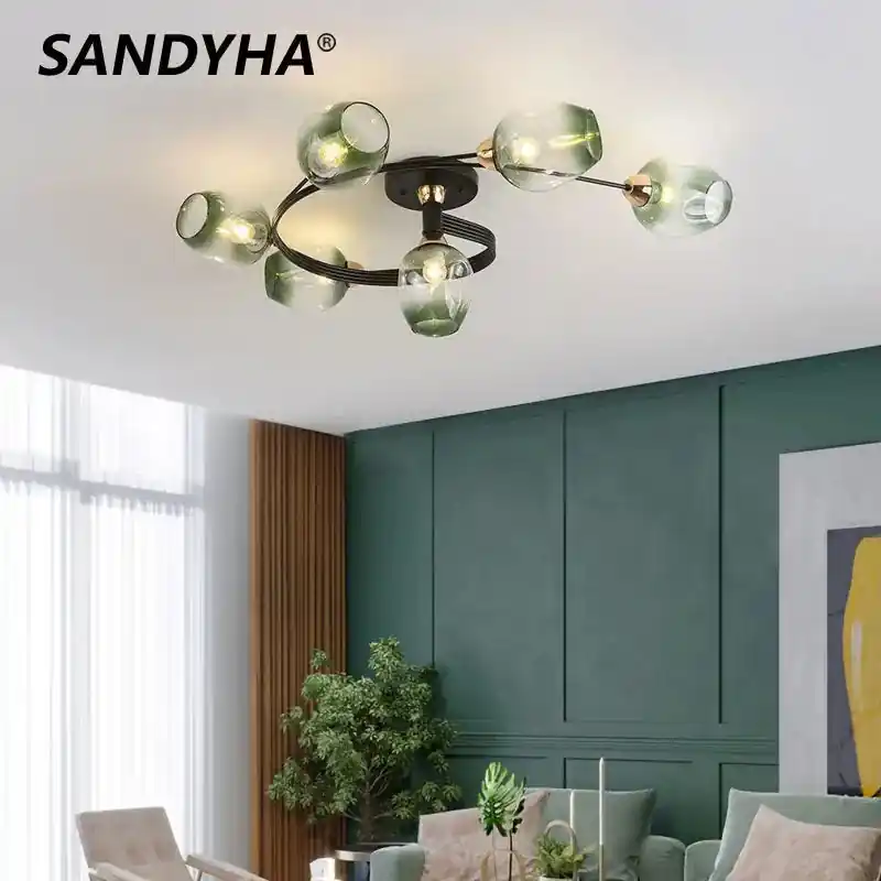 Nordic modern spiral glass and iron chandelier