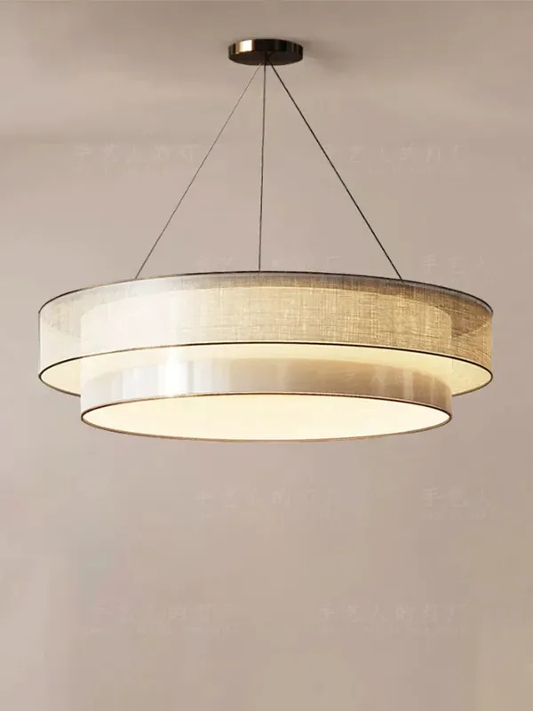 Circular Chinese Zen style chandelier with engineering fabric lampshade