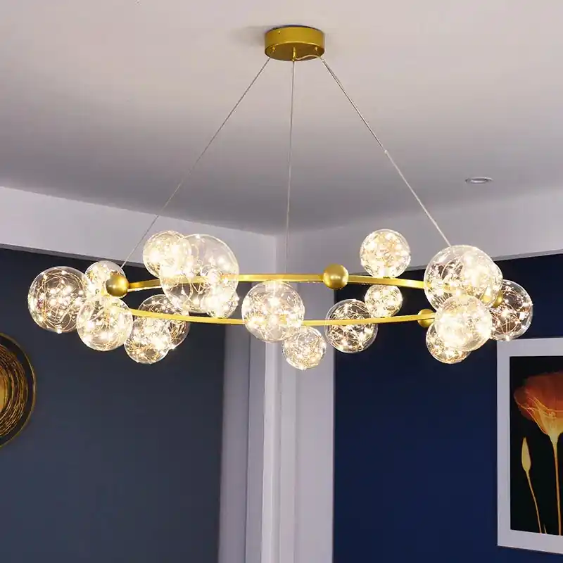 luxury modern chandelier with LED rings and glass ball