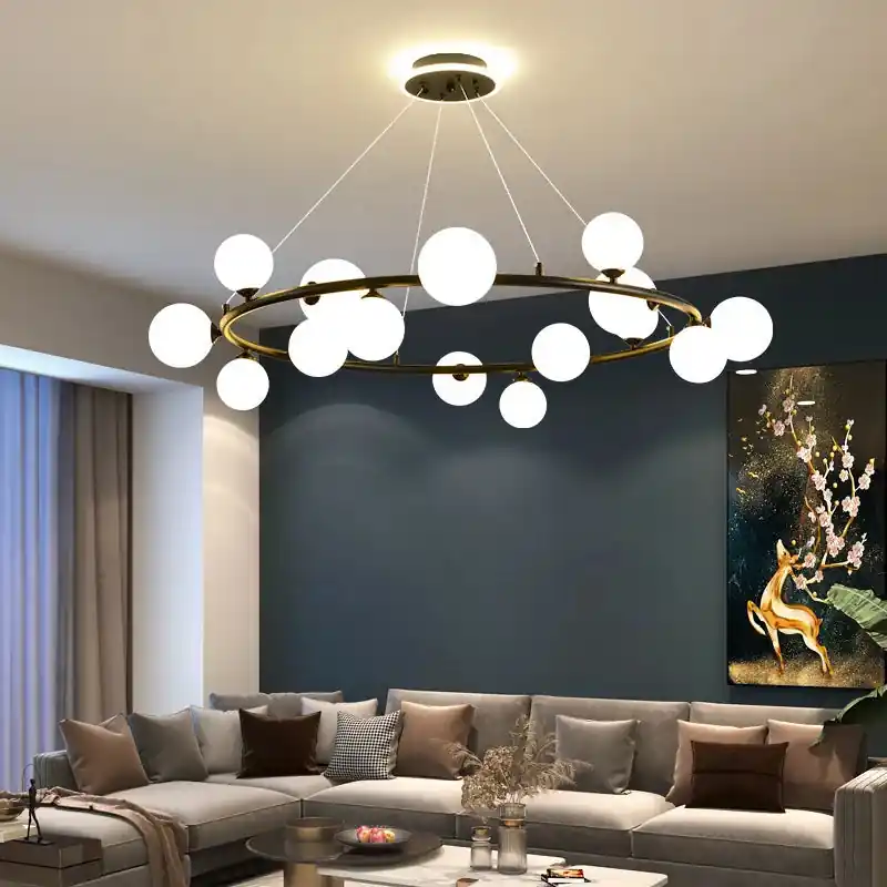 Modern frosted glass chandelier with black ring and adjustable cord