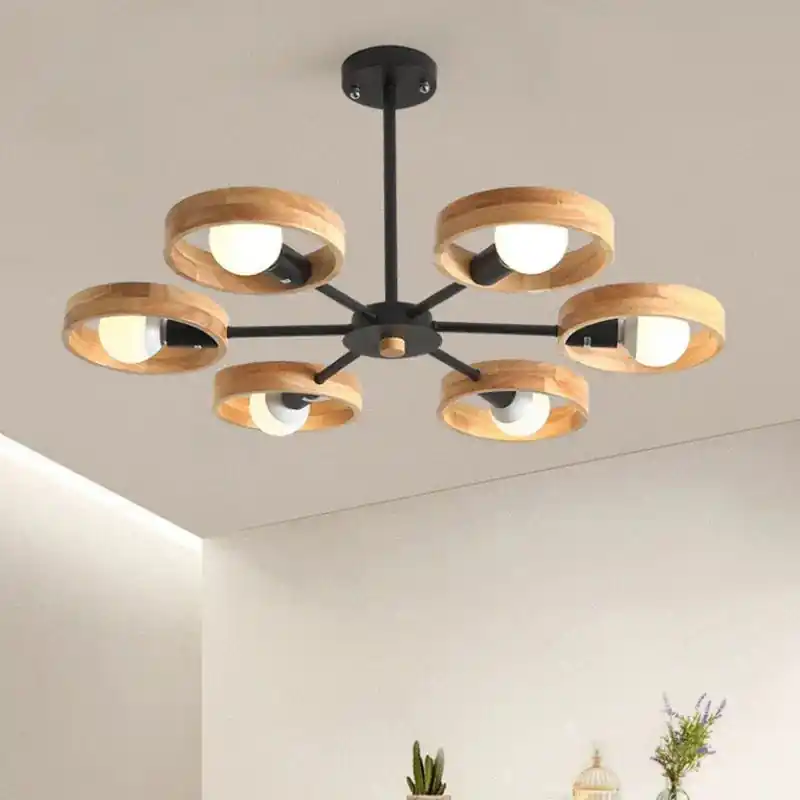 Nordic wooden chandelier with round hanging shade