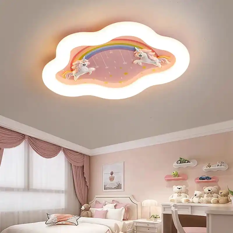Rainbow cloud chandelier with horse for a child's bedroom