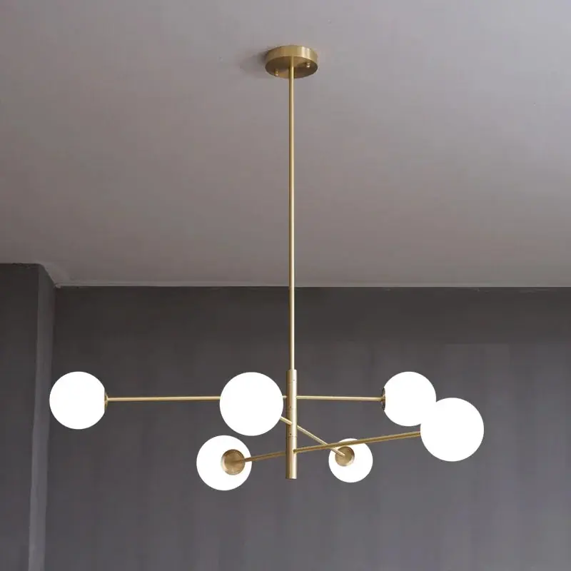 Modern copper LED chandelier with frosted glass globe