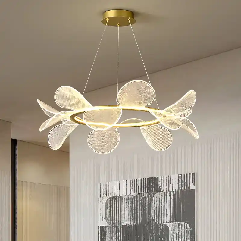 Clear acrylic chandelier with gold ring variable dimming
