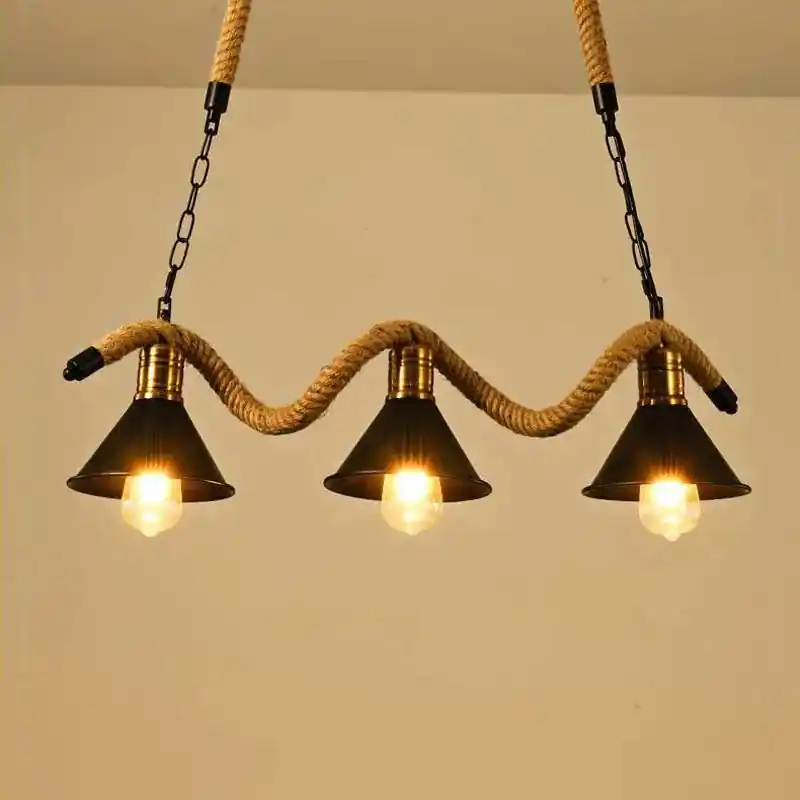 Vintage Industrial Three-Head Hemp Rope Chandelier