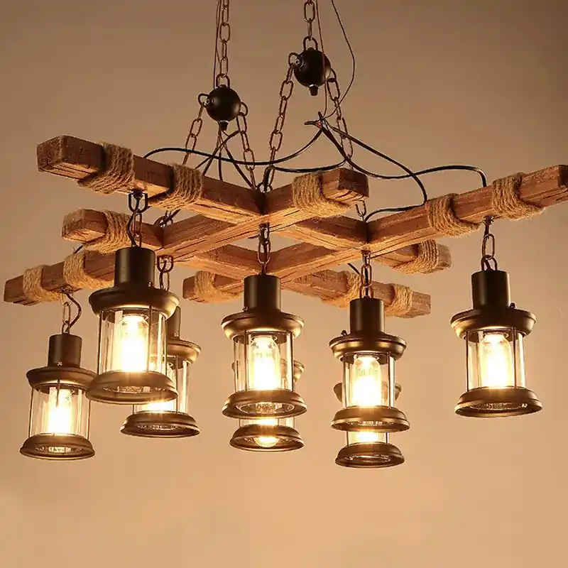 Retro industrial wooden and iron chandelier with 8 lights