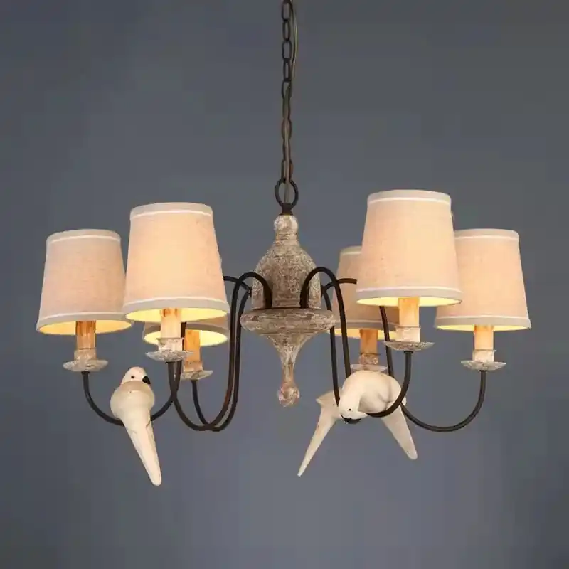 American vintage wooden chandelier with fabric birds