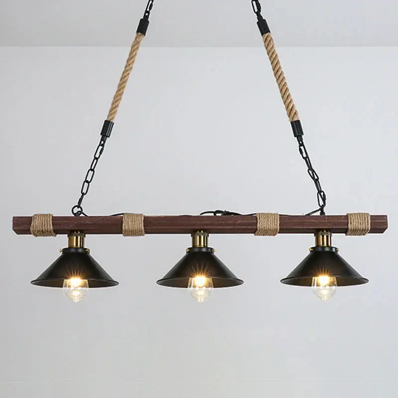 Vintage industrial solid wood chandelier with hemp rope