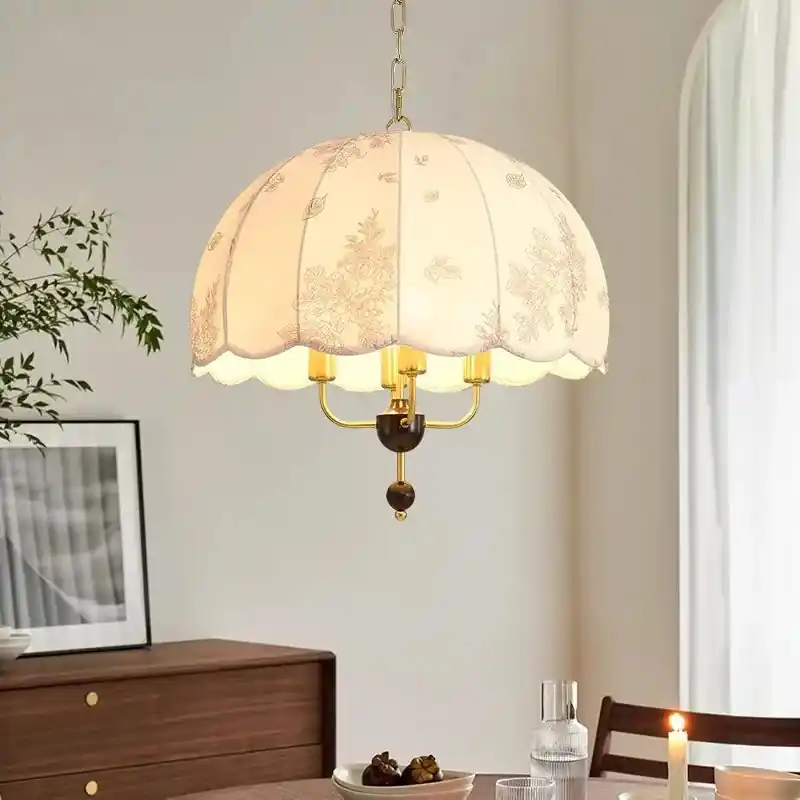 vintage French medieval wood and fabric chandelier