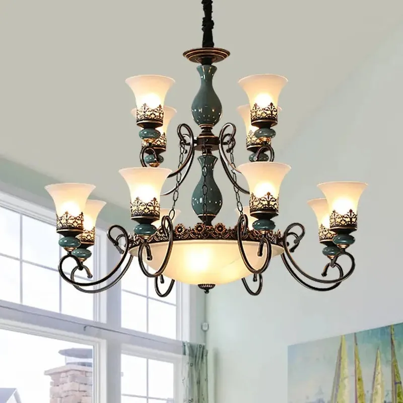 European Retro Ceramic Chandelier with Glass Shade