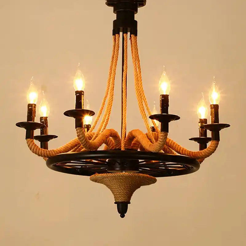 American industrial hemp rope wooden loft chandelier